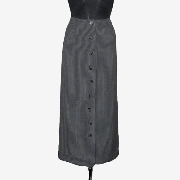 Vintage 1990s Grey Pinstriped Button Front Midi Skirt Sz 6 - Picture 2 of 5